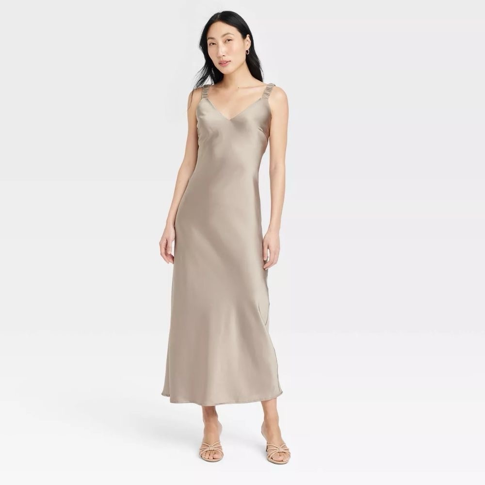 Satin Midi Perfect Slip Dress in Khaki